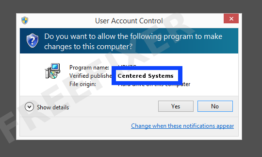 Screenshot where Centered Systems appears as the verified publisher in the UAC dialog